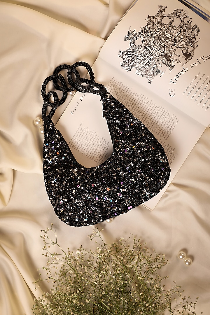 Black Silk Sequins Embroidered Handbag by 5 Elements