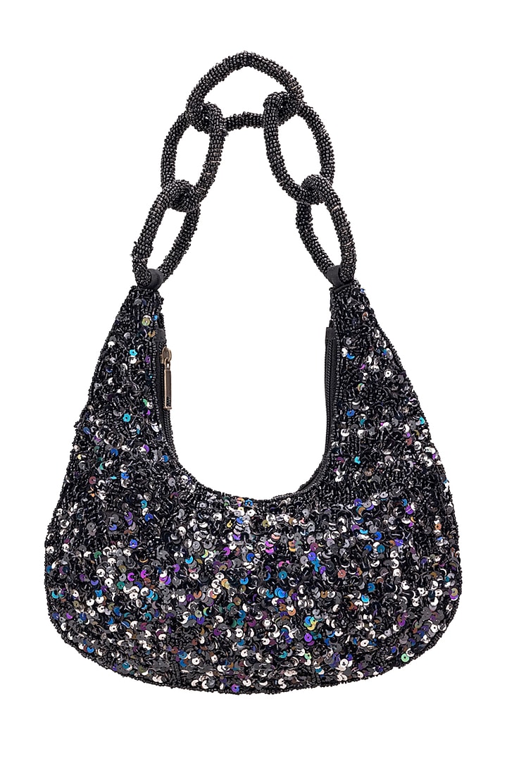 Black Silk Sequins Embroidered Handbag by 5 Elements at Pernia's Pop Up Shop