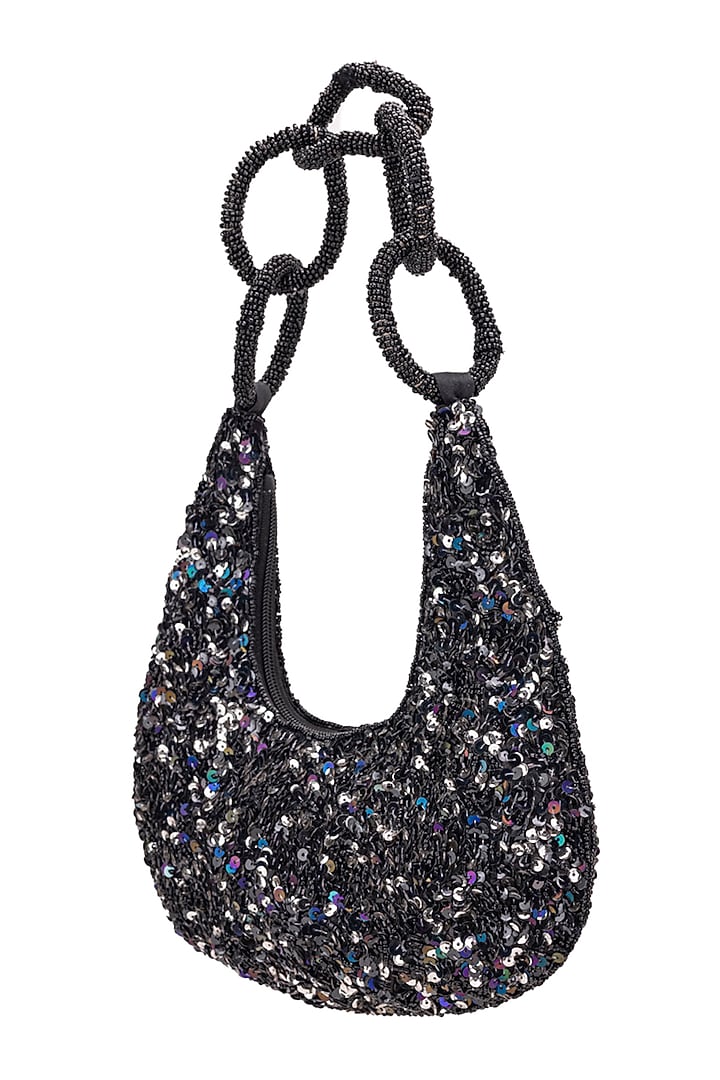 Black Silk Sequins Embroidered Handbag by 5 Elements at Pernia's Pop Up Shop