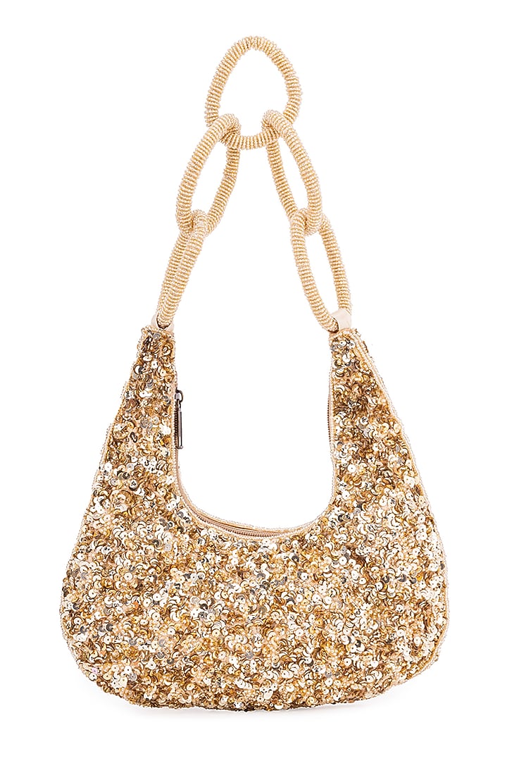 Gold Silk Sequins Embroidered Handbag by 5 Elements at Pernia's Pop Up Shop