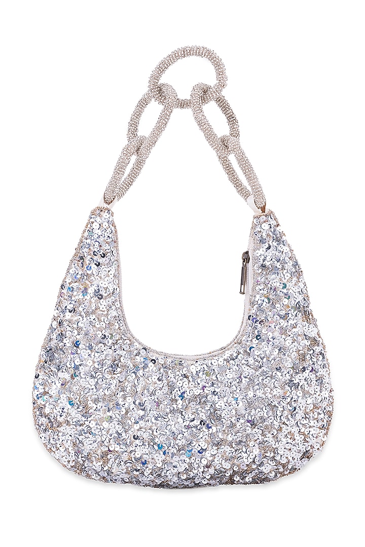 Silver Silk Sequins Embroidered Handbag by 5 Elements at Pernia's Pop Up Shop