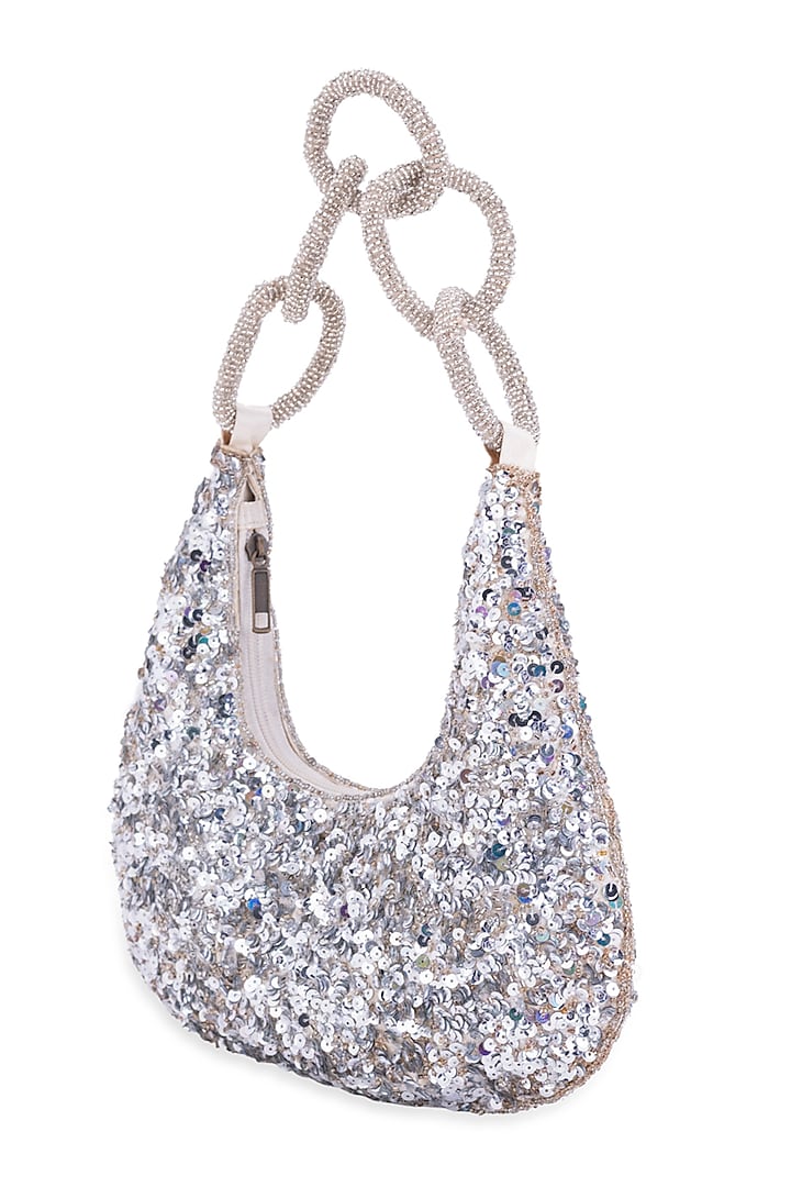 Silver Silk Sequins Embroidered Handbag by 5 Elements at Pernia's Pop Up Shop