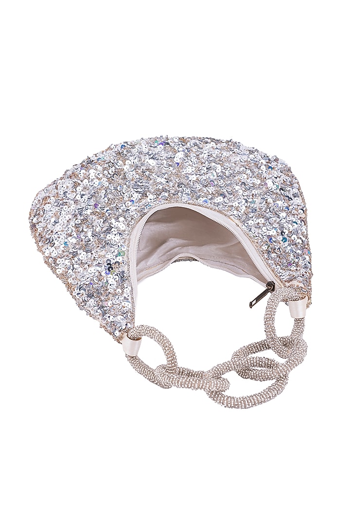 Silver Silk Sequins Embroidered Handbag by 5 Elements at Pernia's Pop Up Shop
