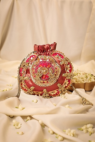 Pink Silk Sequins Embroidered Potli by 5 Elements