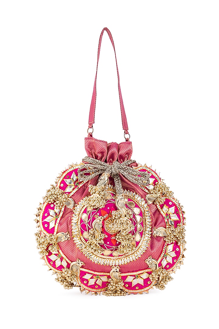 Pink Silk Sequins Embroidered Potli by 5 Elements at Pernia's Pop Up Shop