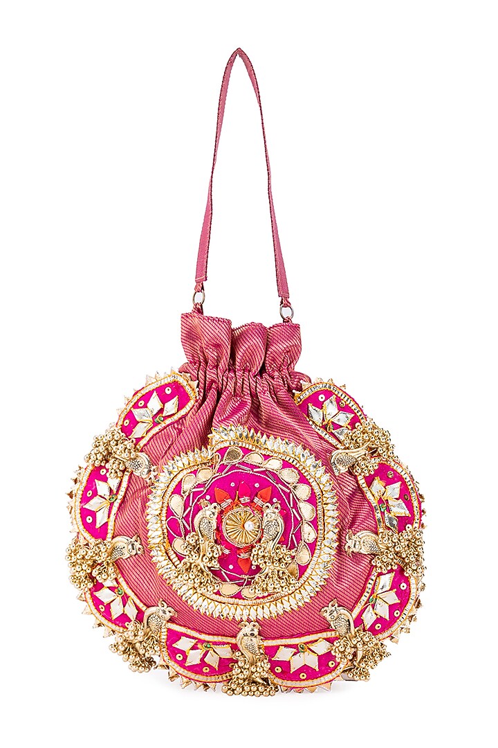 Pink Silk Sequins Embroidered Potli by 5 Elements at Pernia's Pop Up Shop