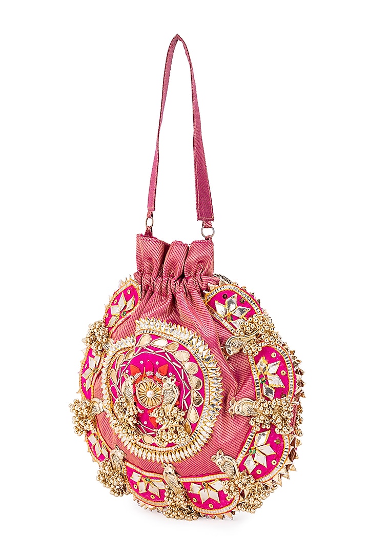 Pink Silk Sequins Embroidered Potli by 5 Elements at Pernia's Pop Up Shop