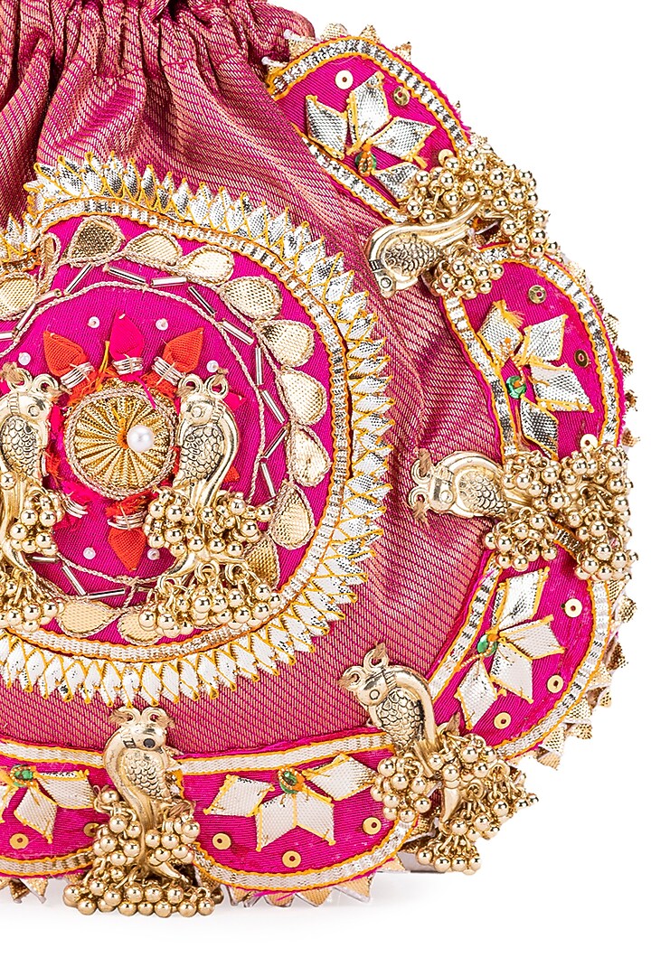Pink Silk Sequins Embroidered Potli by 5 Elements at Pernia's Pop Up Shop