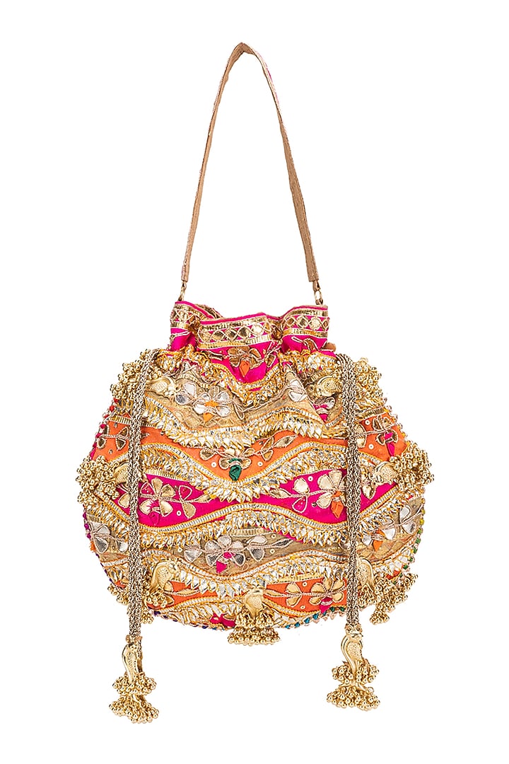 Orange Silk Sequins Embroidered Potli by 5 Elements at Pernia's Pop Up Shop
