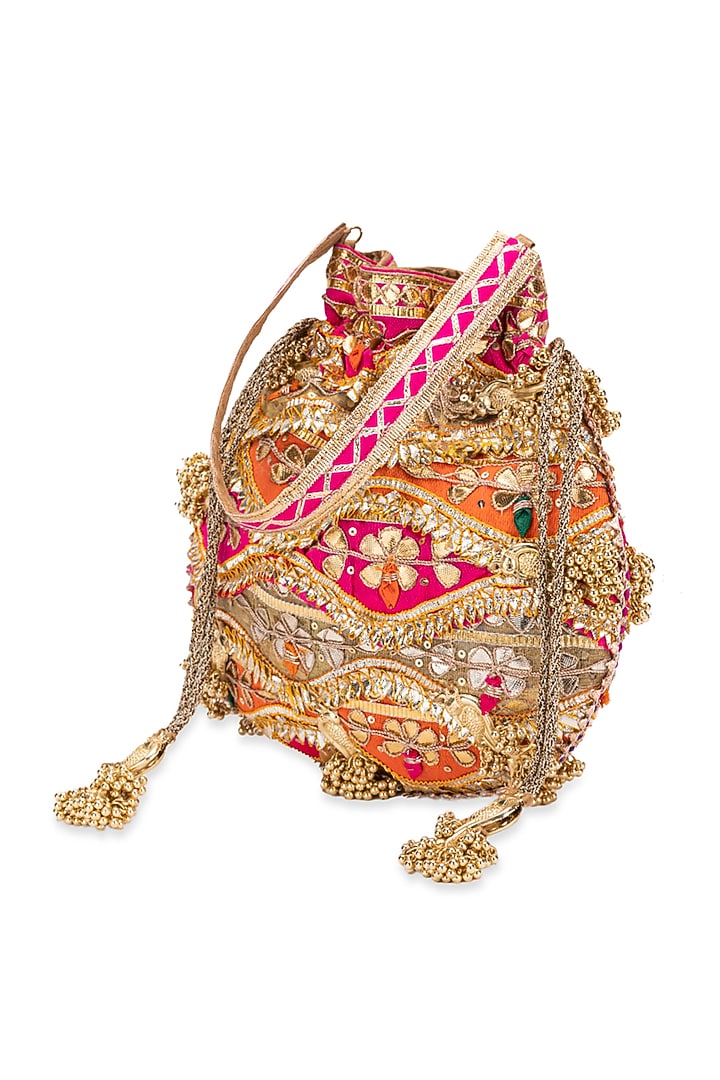 Orange Silk Sequins Embroidered Potli by 5 Elements at Pernia's Pop Up Shop