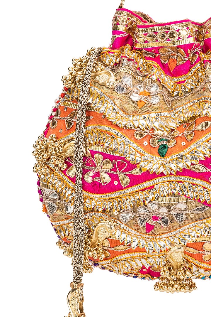 Orange Silk Sequins Embroidered Potli by 5 Elements at Pernia's Pop Up Shop