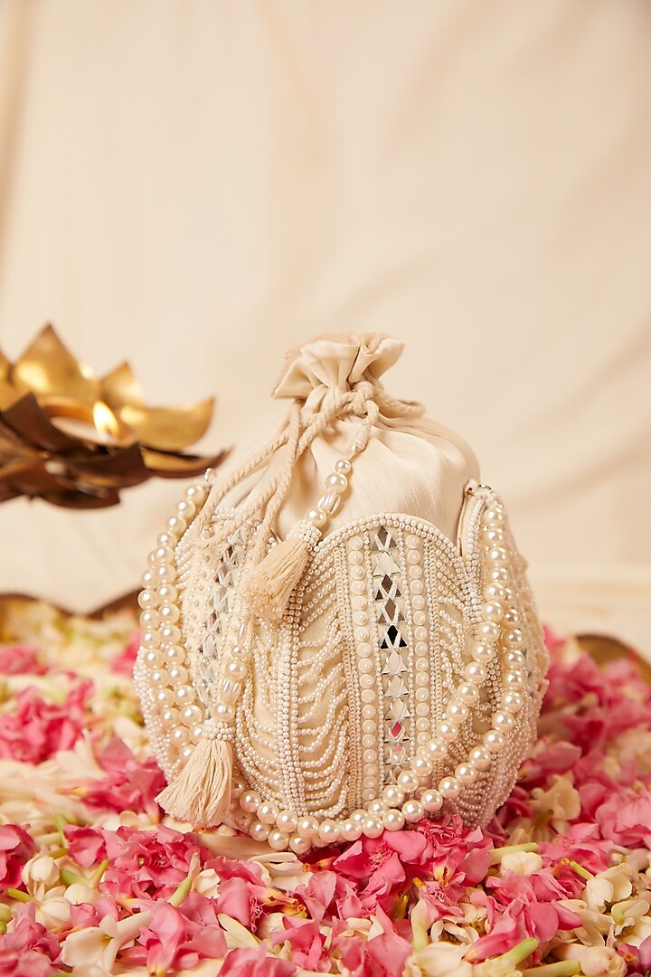 White Silk Stone Embroidered Lotus Potli by 5 Elements at Pernia's Pop Up Shop