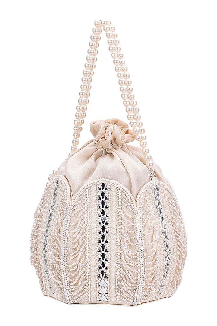 White Silk Stone Embroidered Lotus Potli by 5 Elements at Pernia's Pop Up Shop