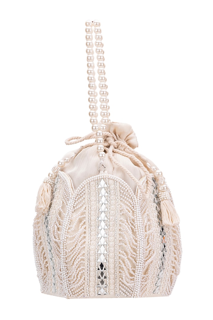 White Silk Stone Embroidered Lotus Potli by 5 Elements at Pernia's Pop Up Shop