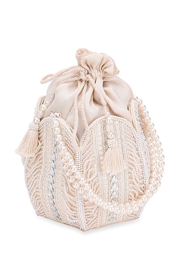 White Silk Stone Embroidered Lotus Potli by 5 Elements at Pernia's Pop Up Shop