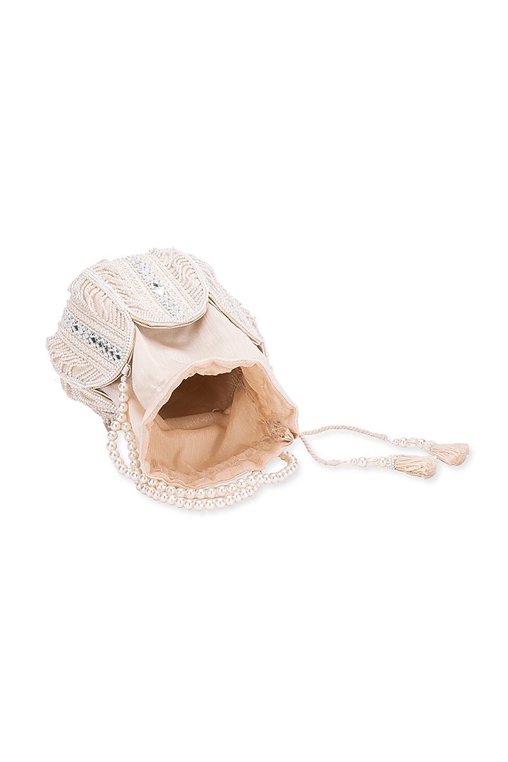 White Silk Stone Embroidered Lotus Potli by 5 Elements at Pernia's Pop Up Shop