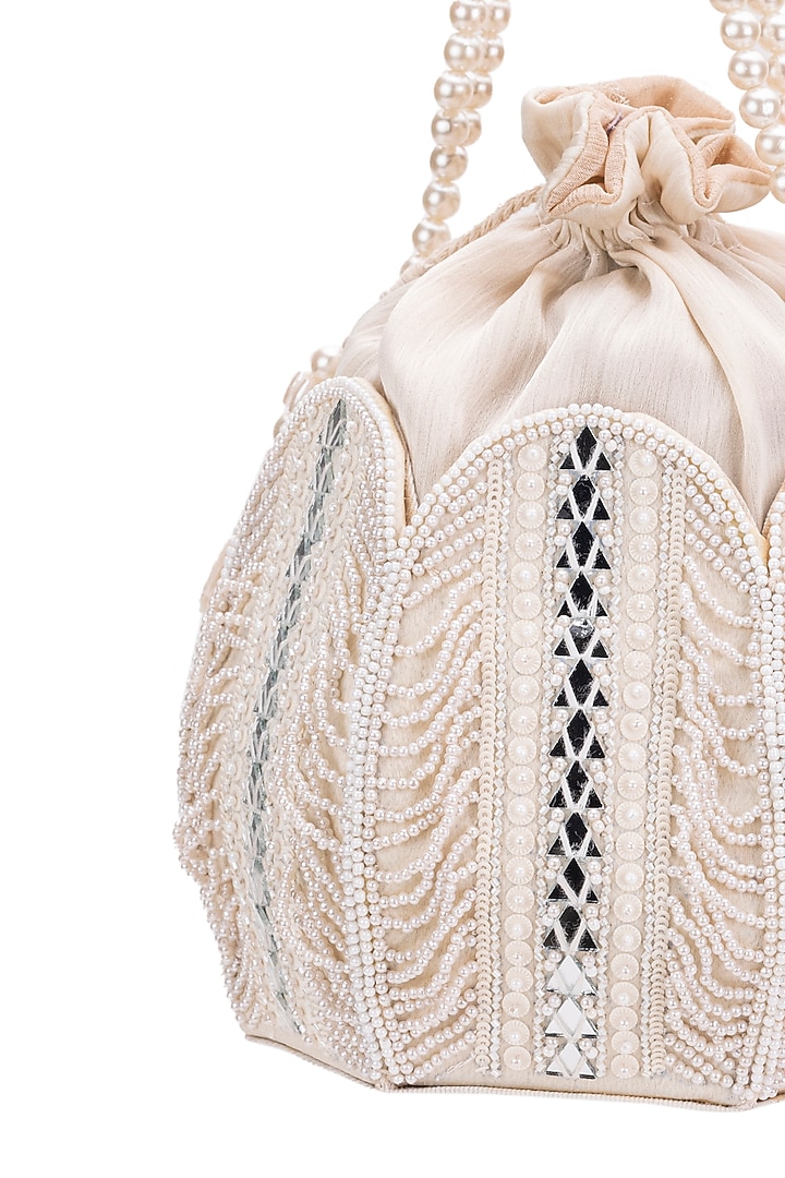 White Silk Stone Embroidered Lotus Potli by 5 Elements at Pernia's Pop Up Shop