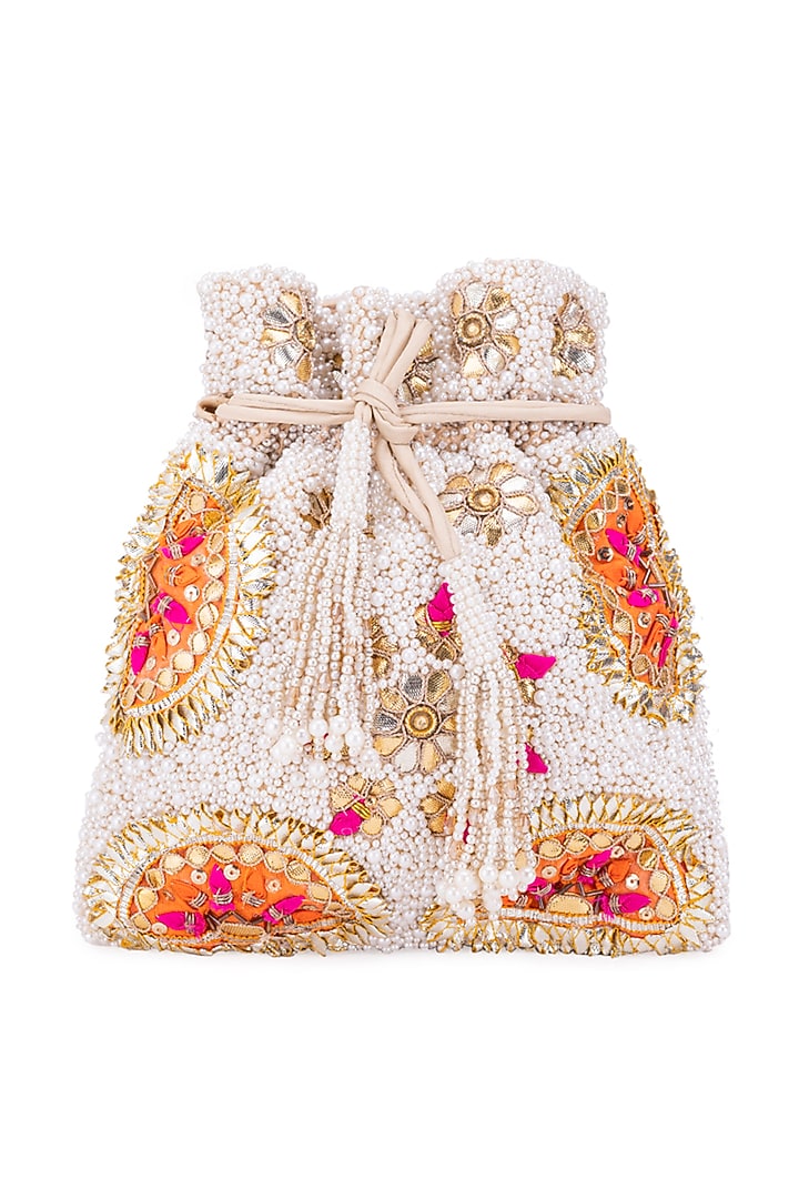 White Silk Stone Embroidered Potli by 5 Elements at Pernia's Pop Up Shop