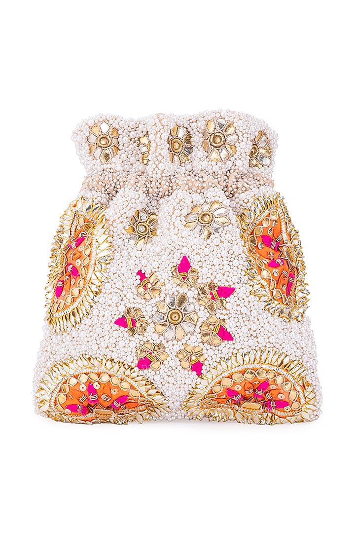 White Silk Stone Embroidered Potli by 5 Elements at Pernia's Pop Up Shop