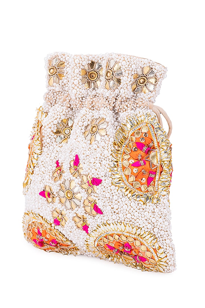 White Silk Stone Embroidered Potli by 5 Elements at Pernia's Pop Up Shop