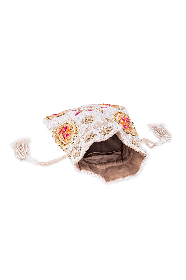 White Silk Stone Embroidered Potli by 5 Elements at Pernia's Pop Up Shop