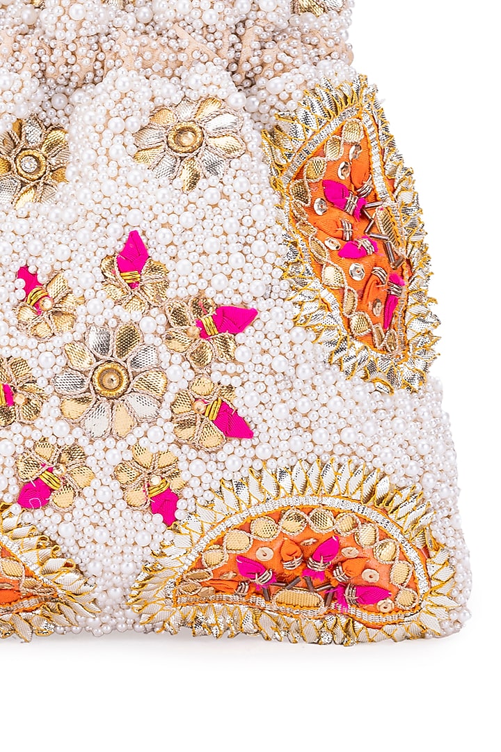 White Silk Stone Embroidered Potli by 5 Elements at Pernia's Pop Up Shop
