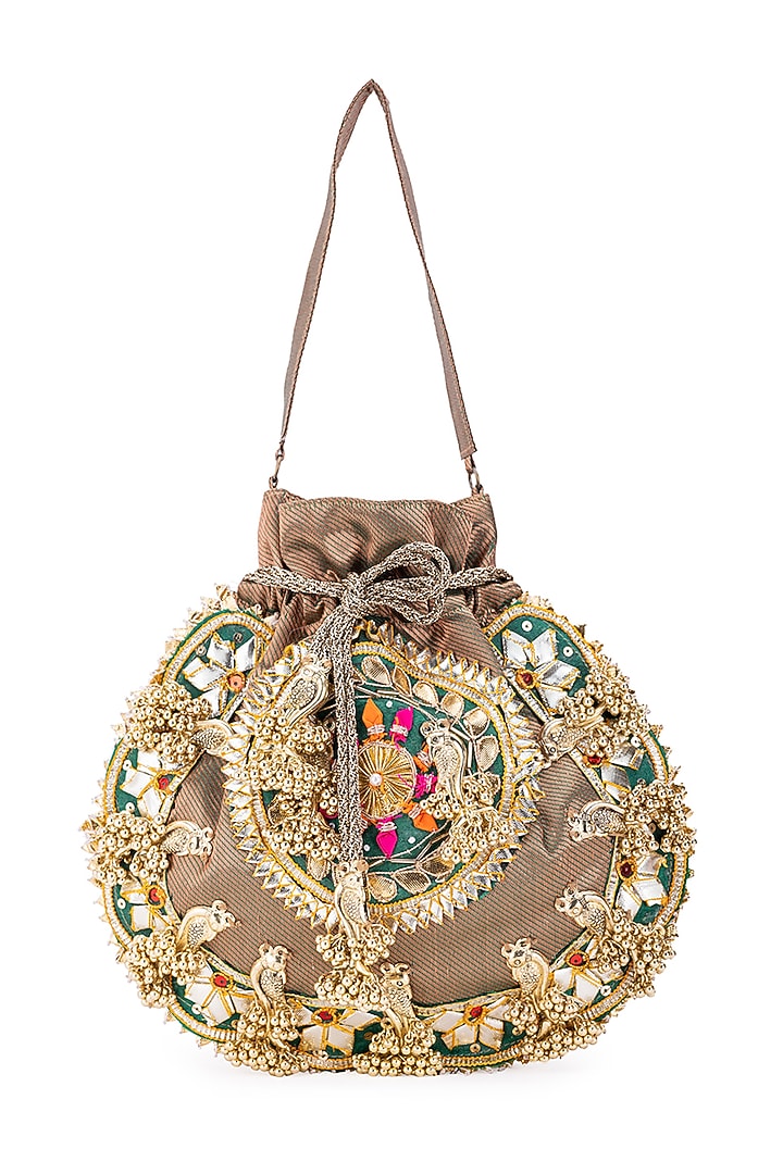 Brown Silk Gota Hand Embroidered potli by 5 Elements at Pernia's Pop Up Shop