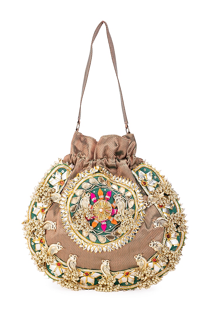 Brown Silk Gota Hand Embroidered potli by 5 Elements at Pernia's Pop Up Shop