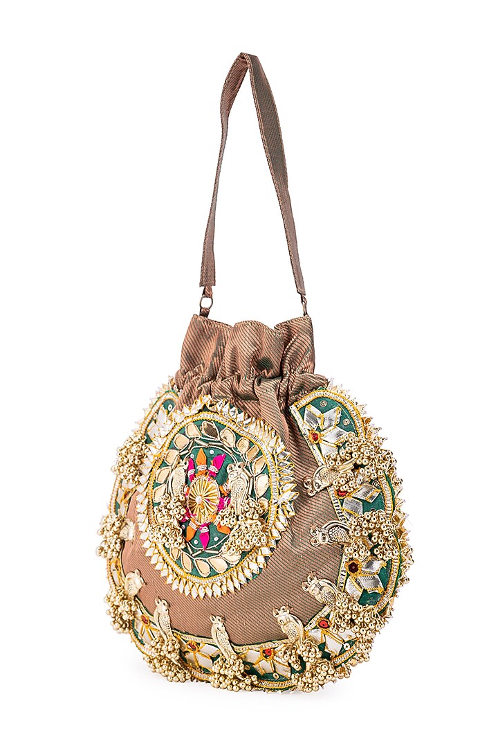 Brown Silk Gota Hand Embroidered potli by 5 Elements at Pernia's Pop Up Shop