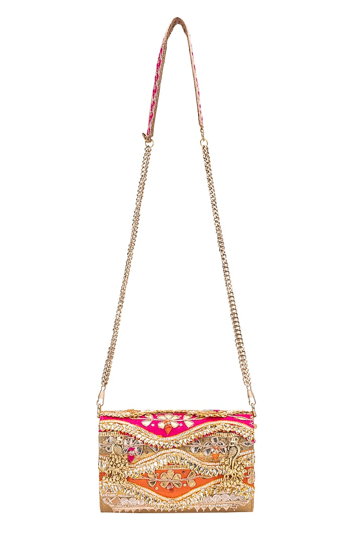 Orange & Pink Silk Gota Embellished Kaleidoscope Clutch by 5 Elements at Pernia's Pop Up Shop