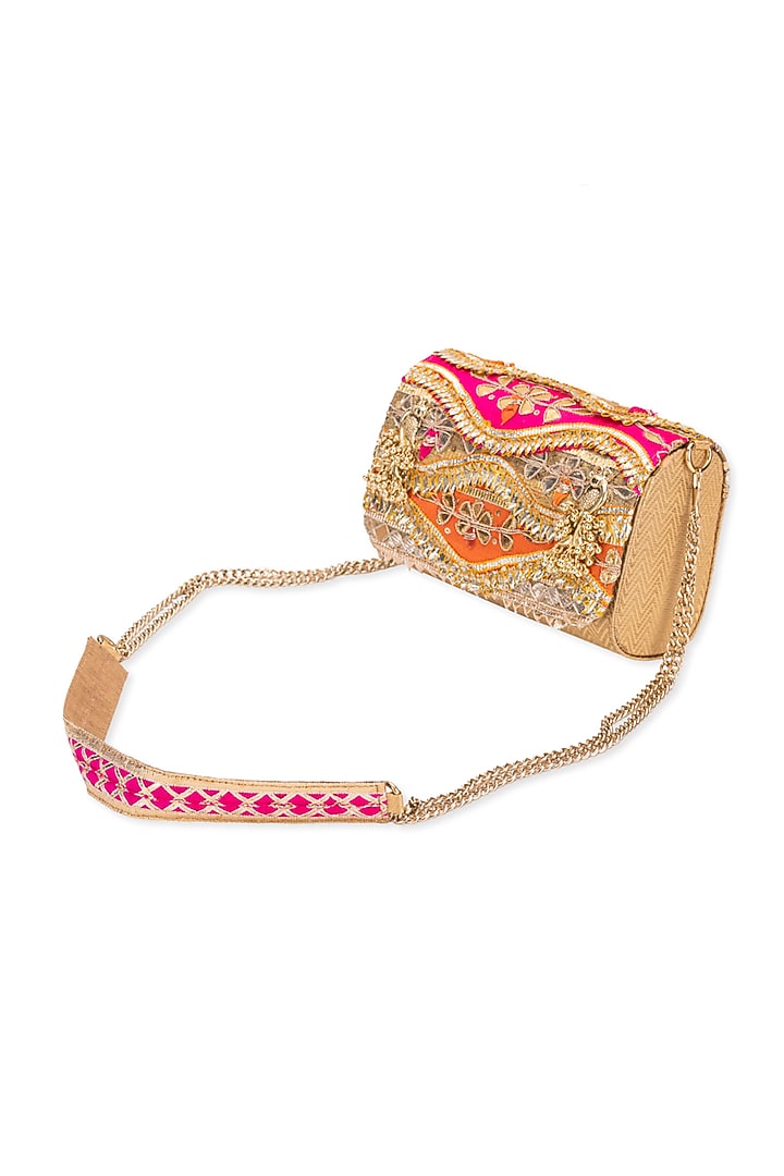 Orange & Pink Silk Gota Embellished Kaleidoscope Clutch by 5 Elements at Pernia's Pop Up Shop