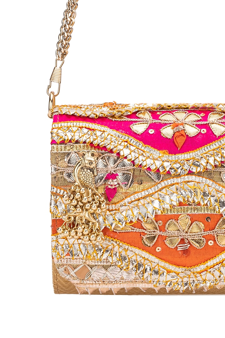 Orange & Pink Silk Gota Embellished Kaleidoscope Clutch by 5 Elements at Pernia's Pop Up Shop