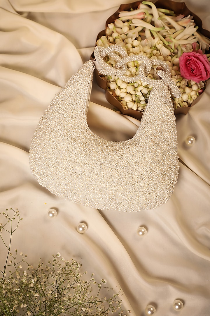 White Silk Stone & Sequins Embroidered Handbag by 5 Elements at Pernia's Pop Up Shop