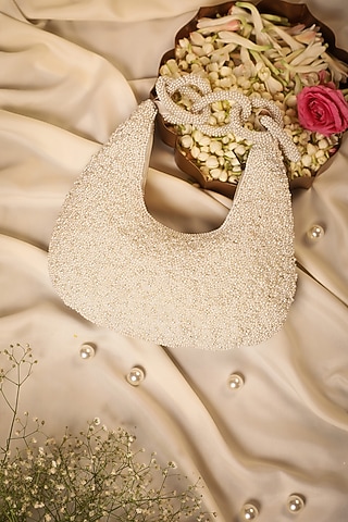 White Silk Stone & Sequins Embroidered Handbag by 5 Elements