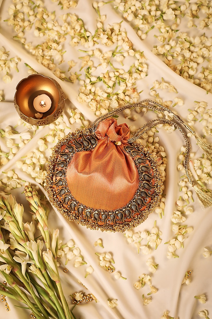 Orange Silk Metallic Moor Embellished Potli by 5 Elements at Pernia's Pop Up Shop