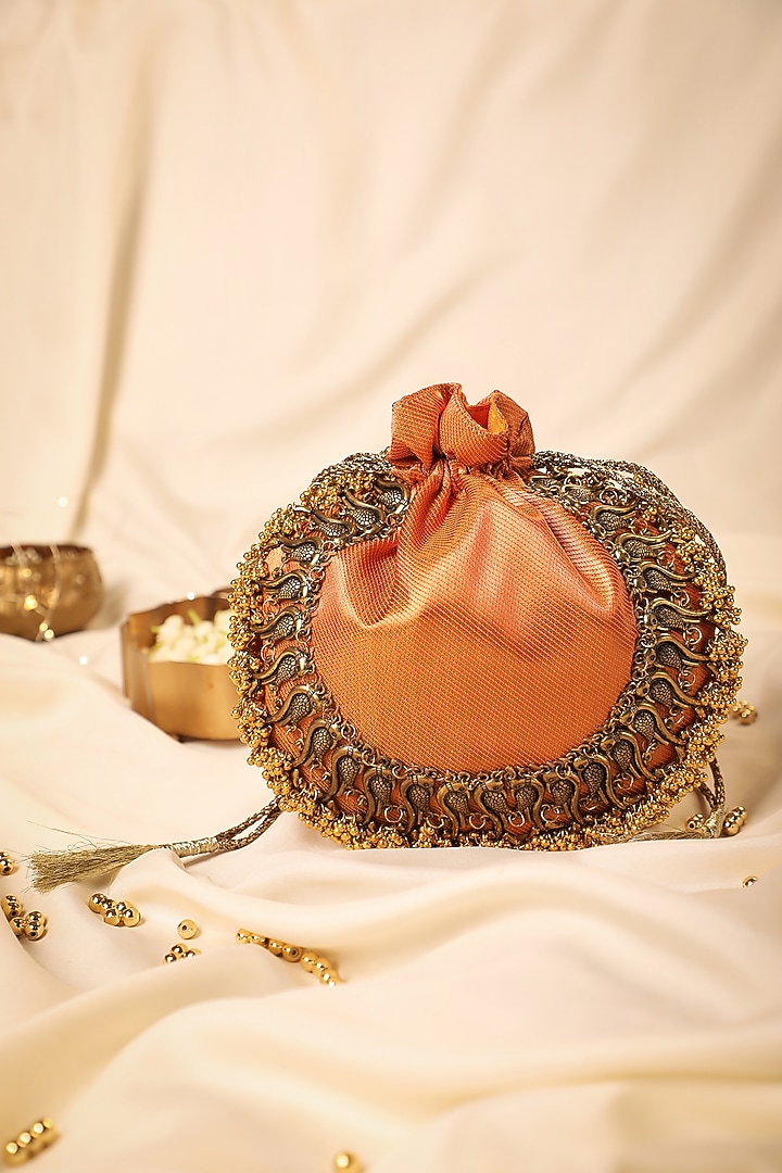 Orange Silk Metallic Moor Embellished Potli by 5 Elements at Pernia's Pop Up Shop