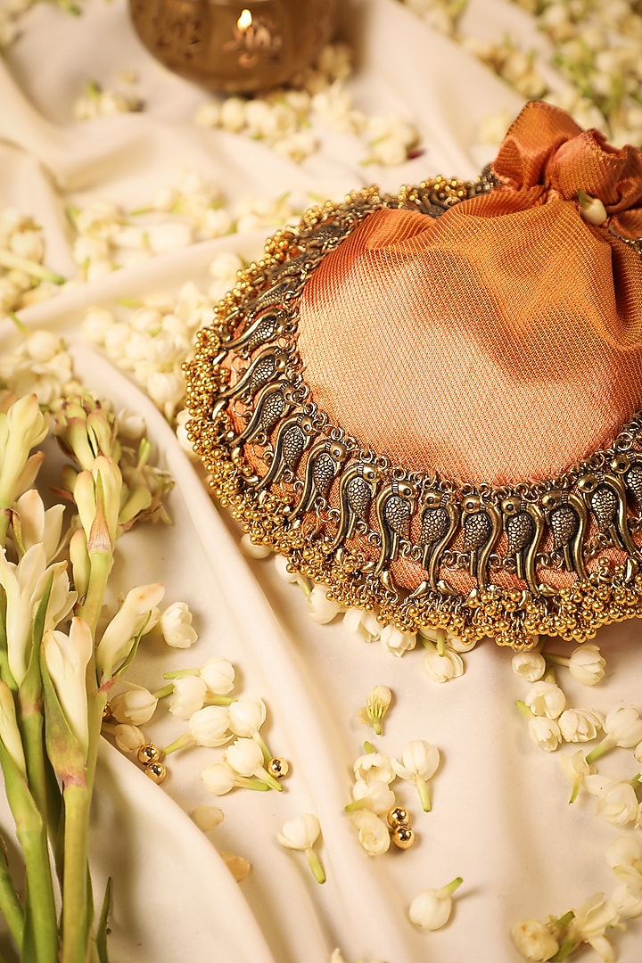 Orange Silk Metallic Moor Embellished Potli by 5 Elements at Pernia's Pop Up Shop