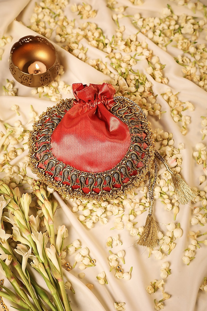 Red Silk Metallic Moor Embellished Potli by 5 Elements at Pernia's Pop Up Shop