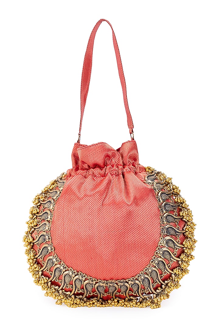 Red Silk Metallic Moor Embellished Potli by 5 Elements at Pernia's Pop Up Shop