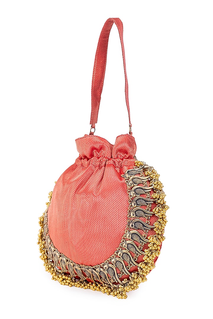 Red Silk Metallic Moor Embellished Potli by 5 Elements at Pernia's Pop Up Shop