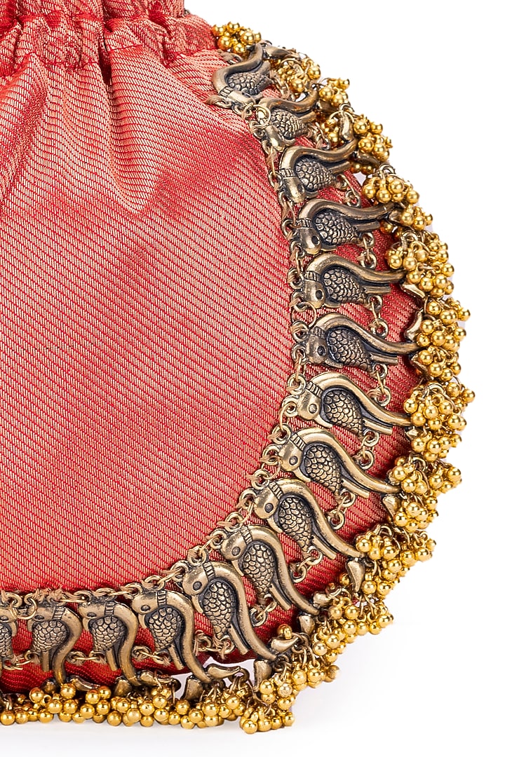 Red Silk Metallic Moor Embellished Potli by 5 Elements at Pernia's Pop Up Shop