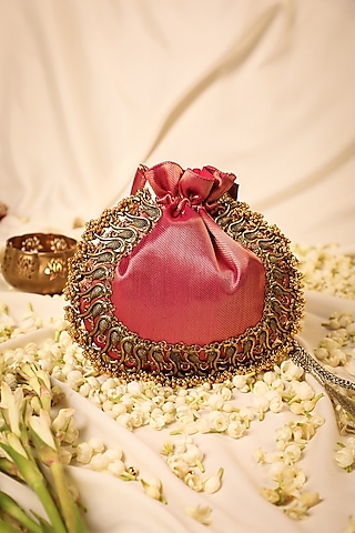 Purple Silk Metallic Moor Embellished Potli by 5 Elements