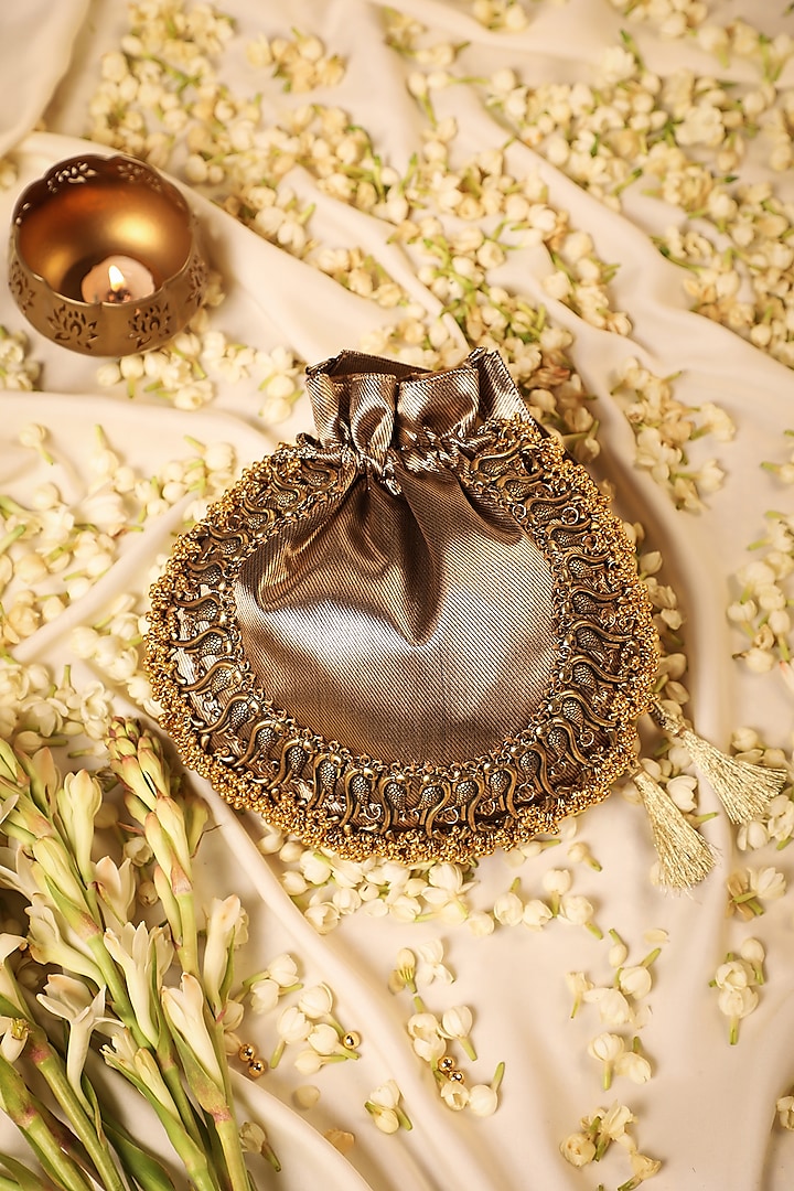 Brown Silk Metallic Moor Embellished Potli by 5 Elements at Pernia's Pop Up Shop