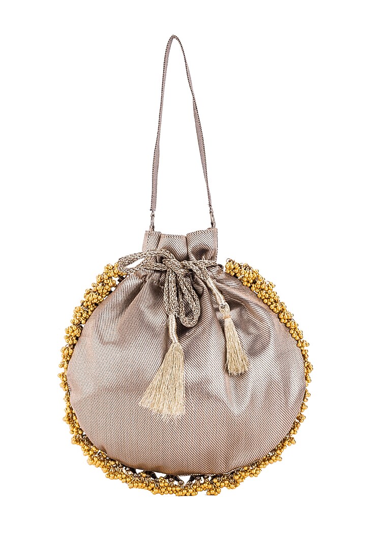 Brown Silk Metallic Moor Embellished Potli by 5 Elements at Pernia's Pop Up Shop