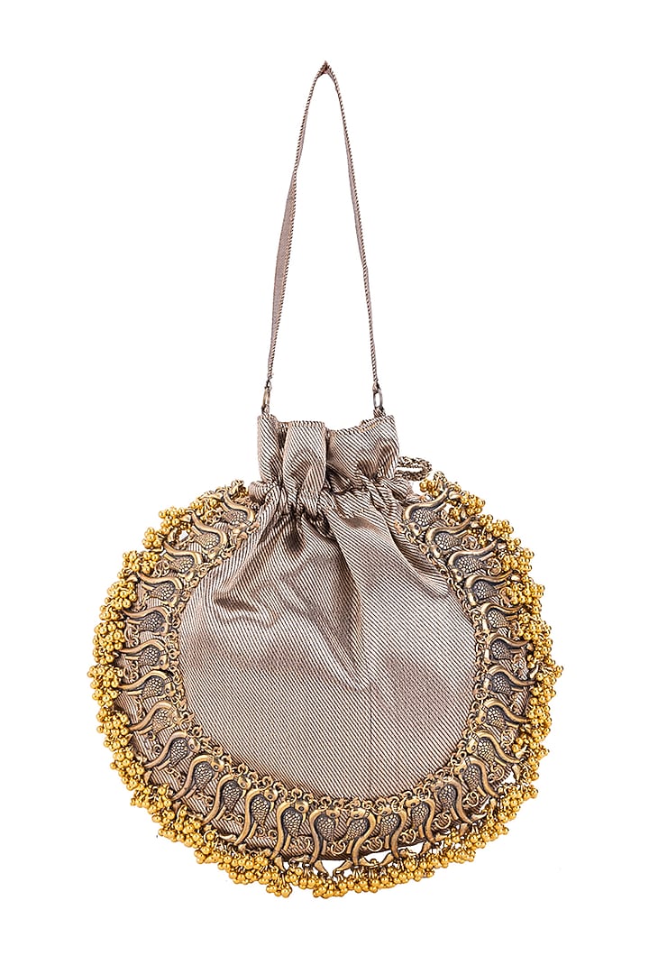 Brown Silk Metallic Moor Embellished Potli by 5 Elements at Pernia's Pop Up Shop