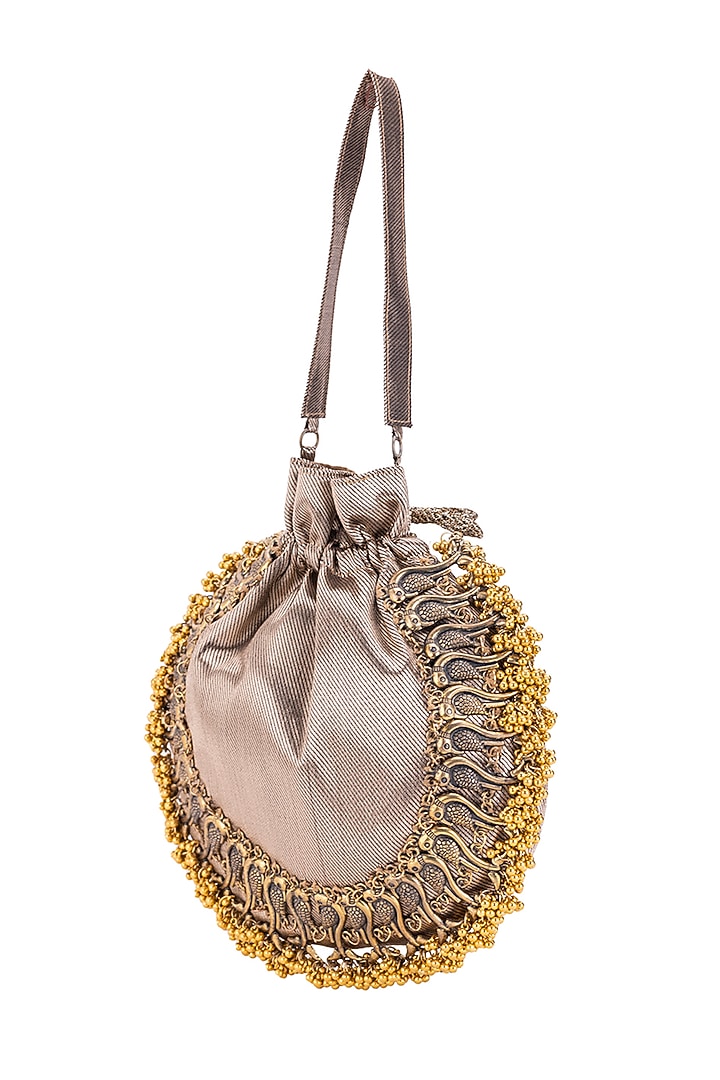 Brown Silk Metallic Moor Embellished Potli by 5 Elements at Pernia's Pop Up Shop