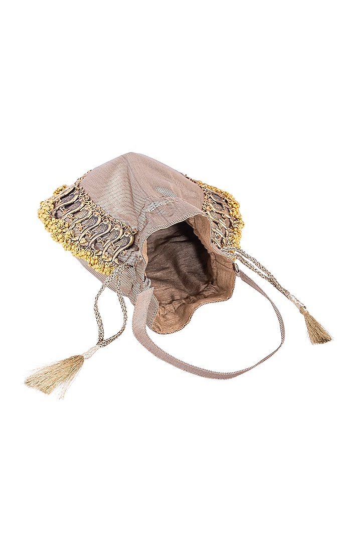 Brown Silk Metallic Moor Embellished Potli by 5 Elements at Pernia's Pop Up Shop