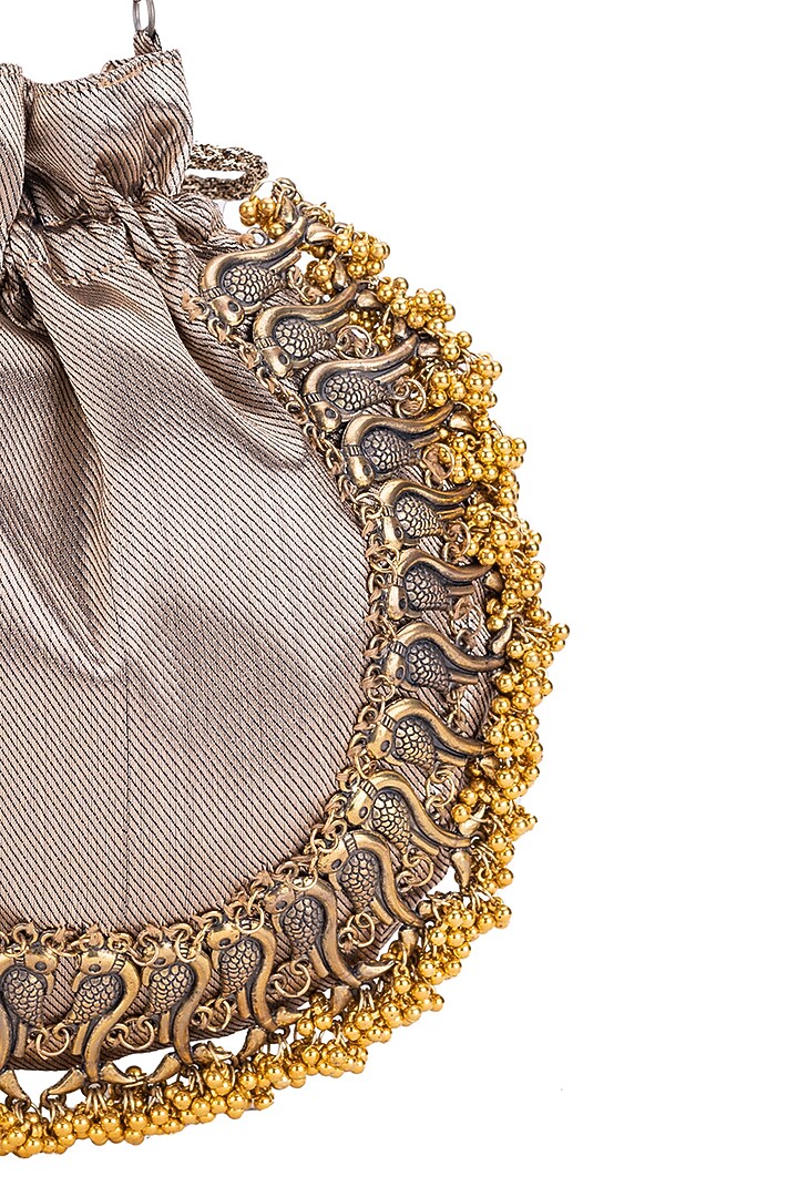 Brown Silk Metallic Moor Embellished Potli by 5 Elements at Pernia's Pop Up Shop