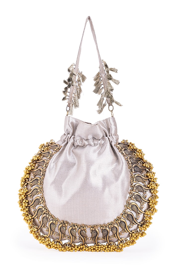 Silver Silk Metallic Moor Embellished Potli by 5 Elements at Pernia's Pop Up Shop