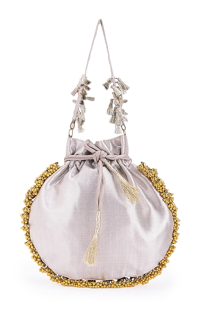 Silver Silk Metallic Moor Embellished Potli by 5 Elements at Pernia's Pop Up Shop